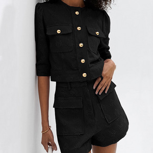 Jacquard di lusso 2024 estate nuovo abbigliamento da donna pendolarismo da ufficio in cotone <span class=keywords><strong>rosa</strong></span> mezza manica Top corto e <span class=keywords><strong>pantaloncini</strong></span> da donna - Product Image 3