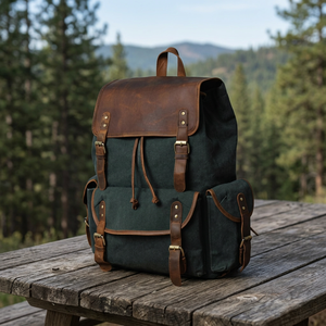 Sac à dos vintage en cuir véritable pour ordinateur portable, imperméable, écologique, à motif géométrique, avec cadre externe et bandoulière arquée, fermeture éclair - Product Image 1