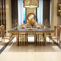 Table à manger moderne de luxe avec 6 chaises en métal doré et acier dessus en marbre pour cuisine, bar, meubles de salle à manger contemporains