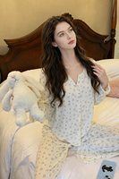 Nouvel ensemble de pyjama pour femme de style français, taille élastique, bonnets intégrés, imprimé floral délicat, tissu modal doux pour la peau