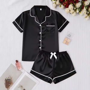 Conjuntos de <span class=keywords><strong>Pijamas</strong></span> de Dos Piezas con Cuello, Transpirables y Suaves, Ropa de Dormir Elegante de Satén en Varios Colores para Todas las Temporadas, Venta al Por Mayor - Product Image 2