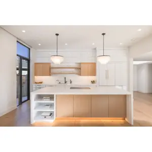 Desain kabinet dapur putih Modern rak kayu terbuka dapur