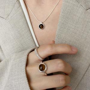 S925 Pure Silver <b>Tiger</b> <b>Eye</b> Stone Snake Bone Ring High-End Autumn Winter Maillard Style New for Amber & Ins - Product Image 3