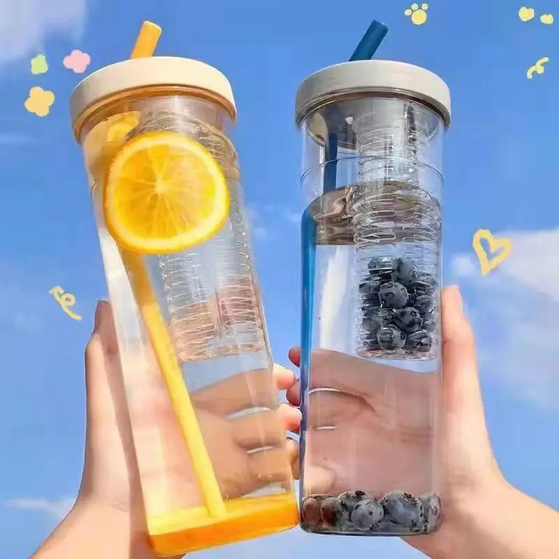 Botol air minum, botol air Infuser buah plastik olahraga Daur Ulang tahan bocor cangkir minum bening bebas Bpa ramah lingkungan dengan sedotan