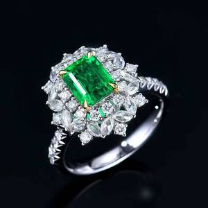 Emerald Halo Engagement <b>Ring</b>,18K Gold 1.35ct Rectangular Natural Emerald Inlaid 60 Pcs White <b>Diamonds</b> Fine Jewelry - Product Image 3