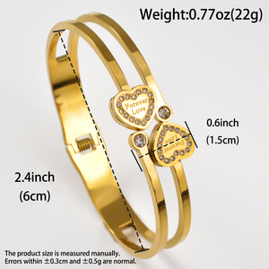 Trendy sleek personnalisé bulk radiant zircon encrusted dual‑heart <b>engraved</b> 18k gold plated stainless steel <b>bangle</b> bracelet - Product Image 6