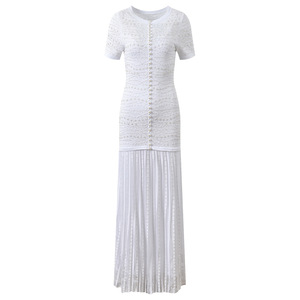 Nuovo <span class=keywords><strong>Abito</strong></span> Elegante con Decorazioni di Perline, Maniche Corte, Lavorazione a <span class=keywords><strong>Maglia</strong></span>, Vestibilità Slim, Collo Tondo, Patchwork <span class=keywords><strong>Plissettato</strong></span> per Donne - Product Image 1
