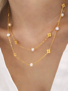 Collar de cadena de flores de perlas de agua dulce, pulsera de trébol de cuatro hojas, acero inoxidable 316L, conjunto de joyas de oro auténtico de 18 quilates - Product Image 4