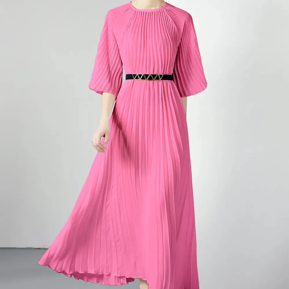 새로운 여름 주름 긴 드레스 여성 O-넥 레이스 업 벨트 솔리드 느슨한 대형 접합 빈티지 슬림 A-라인 드레스 2023