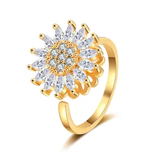 360 anillo giratorio de flor de Margarita liberación estrés ansiedad 18K oro cúbico circón girasol Spinner anillos para mujeres