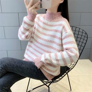 Suéter de punto grueso para mujer, cálido, holgado, de manga larga, con <span class=keywords><strong>cuello</strong></span> alto y rayas de piel, estilo dulce, para otoño e invierno - Product Image 5