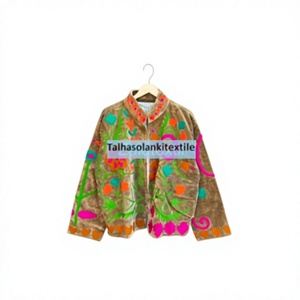 <b>Velvet</b> Embroidered <b>Jacket</b> With Mandarin Collar Full Sleeve Hand Drawn Floral Pattern Autumn Women's Coat - Product Image 1