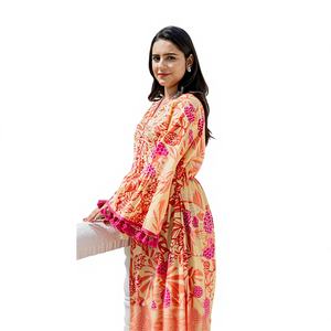 Vestido Midi Bohemio con Estampado Floral Naranja, Vestido Corto de Verano de Algodón con Estampado Digital, Elegante y Casual para Viajes y Fiestas - Product Image 1