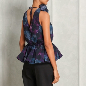 Robe courte pour femme en velours 3D floral non tissé 100% soie, cintrée à la taille, plissée, imprimée par décharge, dégradé d'encre, à volants, col en V - Product Image 4