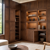 Panneau mural en noyer sur mesure de luxe moderne, bibliothèque intégrée et armoire de rangement murale avec éclairage LED