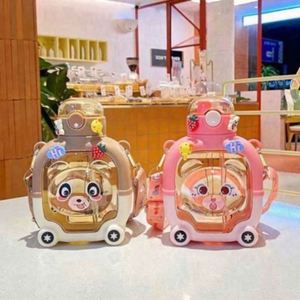 Summer Anti-Drop Portable Straw Cup High-Value Girls' Crossbody Style Magic Bear Square Design Food-Safe Reusable Plastic Water - Product Image 2