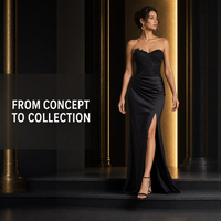 Robe de soirée sirène noire sans bretelles en dentelle brodée, corset froncé en satin, fente haute, dos nu, pour femme