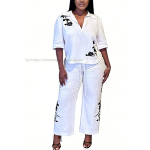 Women's <b>White</b> Shirt and Pants Embroidered Floral <b>2</b> <b>Piece</b> <b>Set</b> African Women <b>Sets</b> Fashion - Product Image 2