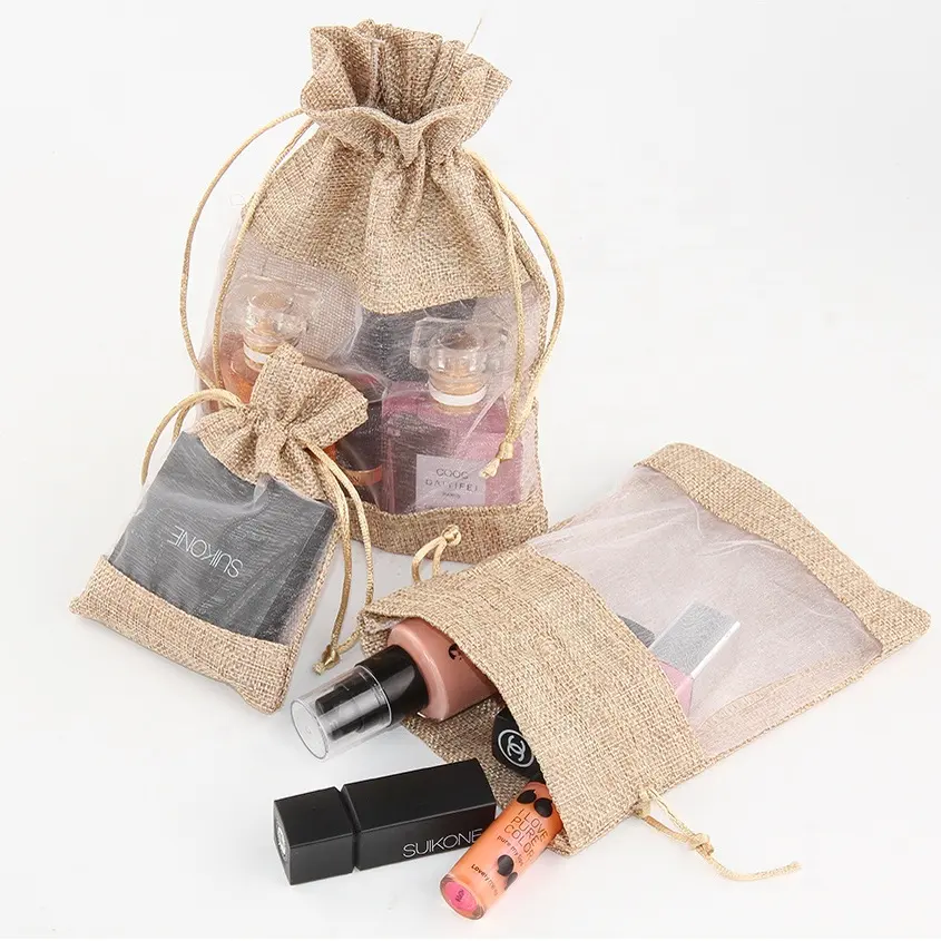 Pabrik grosir tas hadiah rami dengan jendela goni tas tali serut tas Organza rami transparan untuk lilin dan kerajinan wangi
