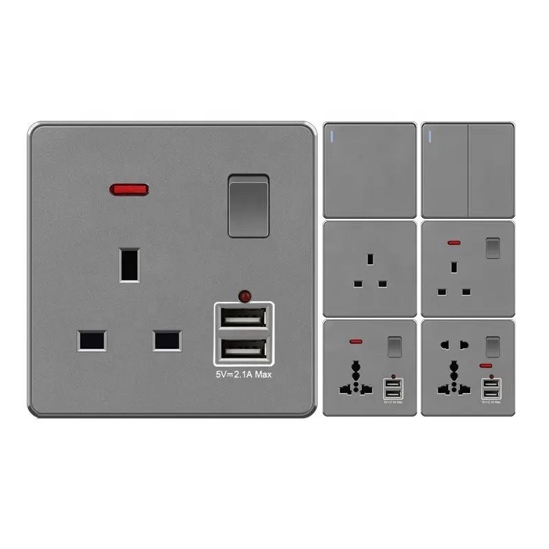 PC Grey UK Wall Switch Electrical Switch Socket Single Twin Type C USB Socket Fiber Dimmer Curtain Cooker Socket with CE