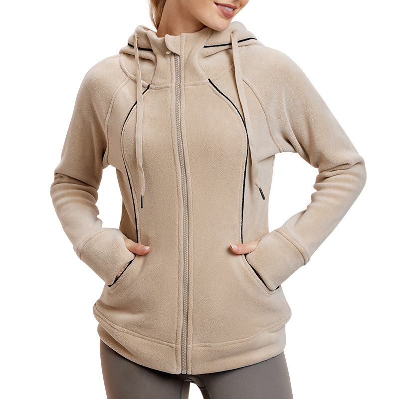 Long Sleeved Yoga Sports Jacket for Women in Autumn and Winter,with Plush and Thick Zipper Hooded Sweatshirt for Warmth