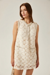 เดรสลูกไม้คอกลมทรงสั้นสำหรับผู้หญิงเดรสสำหรับปาร์ตี้ขนาดเล็กประดับลูกปัดสองชั้นมีสไตล์ - Product Image 4