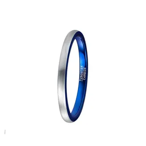 2mm leicht Wolfram Stahl Ring Oberfläche gebürstet silbergrau Innenring blau Frauen Wolfram Stahl Paare Fingerringe