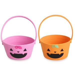 Panier à bonbons d'Halloween en forme de citrouille rose et orange en corde de coton avec poignée Jack O'Lantern pour la décoration de fête de la Toussaint pour enfants - Product Image 1