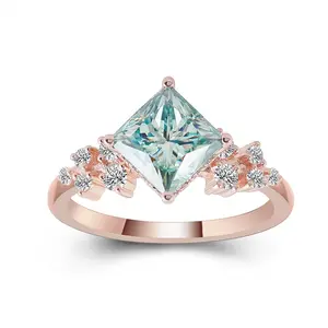 1.8Carat princess cut blue diamond cluster ring engaged rose gold 14k women jewel moissanite proposal ring