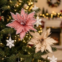 Bunga Natal Gantung Berbahan Beludru Plastik dengan Pinggiran Glitter Emas, Dekorasi Liburan, Perlengkapan Pesta, Hiasan Rumah, Aksesoris