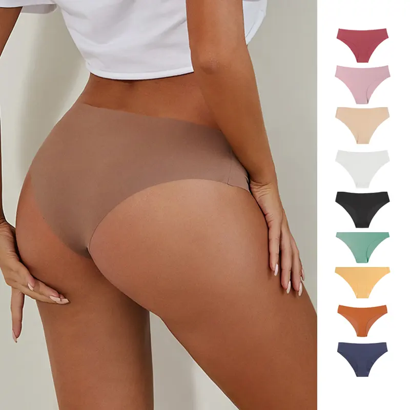 Celana dalam wanita, grosir multi-warna Solid Low-rise Laser Cut tanpa pertunjukkan pakaian dalam Thong wanita es sutra celana dalam wanita mulus