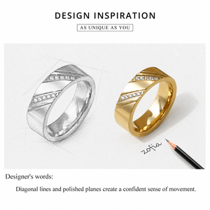 Anillo de Acero Inoxidable en Tono Dorado con Circonita, Chapado al Vacío en Oro de 14K, Banda Ancha Geométrica Diagonal Fija - Product Image 4