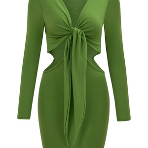 Vestido Cruzado Elegante y Casual de Punto con Cuello en V, Manga Larga, Cintura Natural y Color Sólido para Mujer - Nuevo Estilo Sexy - Product Image 3