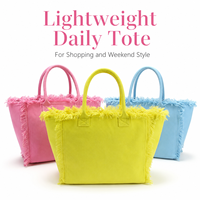 Tas Pantai Tote Besar Warna-Warni Modis Kapasitas Besar dengan Logo DIY dan Rumbai, Tas Jinjing Portabel dengan Resleting untuk Perjalanan dan Belanja