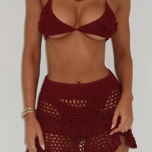 Ensemble 2 Pièces Femme pour <span class=keywords><strong>Vacances</strong></span> <span class=keywords><strong>à</strong></span> la Plage, Jupe Tricotée Creuse au Crochet avec Fleurs 3D, Vente en Gros - Product Image 4