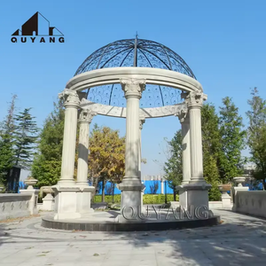 Gazebo de Mármol Blanco Estilo Europeo para Jardín, Pabellón de Piedra con Columnas Romanas y Cúpula de Hierro Forjado - Product Image 4
