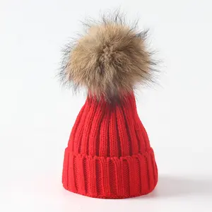 Kabel Kasmir Rajutan Bergaris Gadis, Topi Beanie Pom Bulu Pom Pom Pom Pom, Bola Rubah Kelinci Imitasi