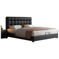 Lit King Size en Cuir Noir avec Rangement, Confortable, en Bois Massif, Style Vintage Italien pour Chambres, Hôtels et Appartements