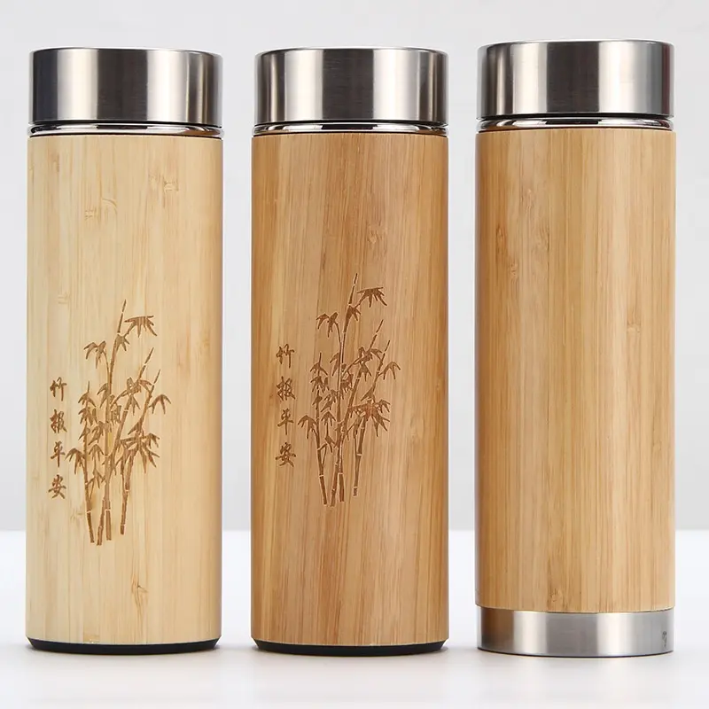 Wholesale Leak-proof BPA Free Double Walled Stainless Steel Bamboo Tumbler Tea Infuser Coffee Travel Mug with Strainer