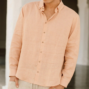 Wholesale Custom Summer <strong>Peach</strong> Pure Linen Men <strong>Shirts</strong> - Product Image 2
