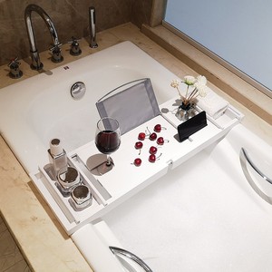 Support de bain en bambou blanc rectangulaire extensible avec porte-gobelet et support pour téléphone - Product Image 1