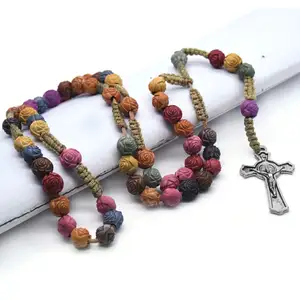 Collar de Cruz de colores, colgante de Rosario religioso con cuentas de Rosa católica, para oración de Jesús y cristianas