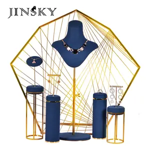 JINSKY mode dunkelblau schmuck display ständer set mikrofaser halskette ring ohrringe schmuck display stand für fenster schaufenster