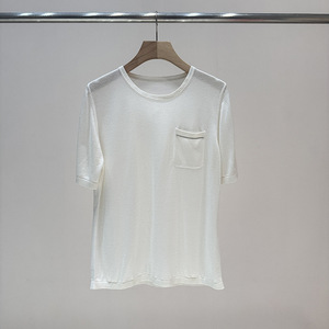 Minimal Knit T-Shirt for Women, Old Money Style Short Sleeve <b>Top</b> with Pocket Detail, Elegant Premium Vibe - Product Image 5