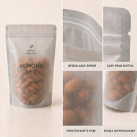 Sachets à collation imprimés sur mesure de qualité alimentaire, pochettes verticales givrées personnalisées avec fermeture éclair refermable et encoche de déchirement, finition mate