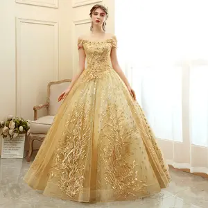 Custom Off Shoulder Ball Gown Wedding Dresses Luxury Lace Up Long Gown Evening Dress Gold Banquet Party Dress for Bride