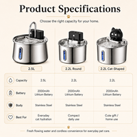 Fontaine à eau pour animaux de compagnie sans fil en acier inoxydable de 2,5 L et 2,2 L, distributeur automatique d'eau pour chat et chien rechargeable avec batterie de 2000 mAh