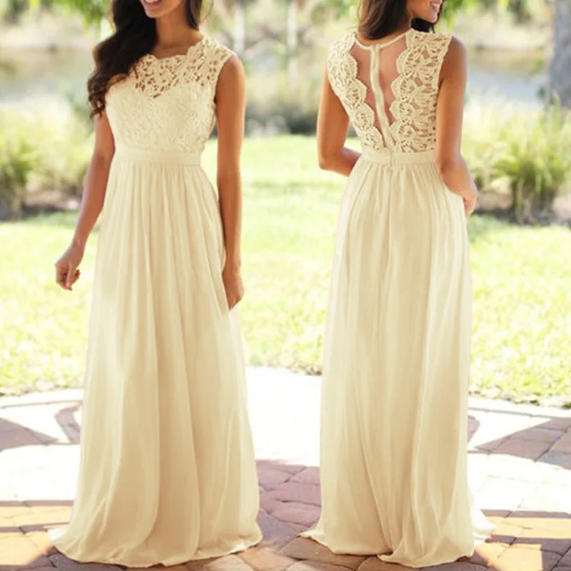 Yellow floor length chiffon lace bridesmaid dress