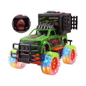 Voiture de <span class=keywords><strong>dinosaure</strong></span> de jungle tout-terrain - <span class=keywords><strong>Camion</strong></span> <span class=keywords><strong>cage</strong></span> à dinosaures à propulsion par friction avec roues lumineuses et sons - Jouet à action de recul puissant - Product Image 1