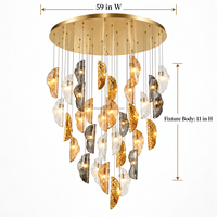 Lustre cascade de luxe personnalisé de 59 pouces, en verre ambré clair fumé, avec pampilles en forme de feuilles, pour escalier, hall d'entrée, hôtel, villa